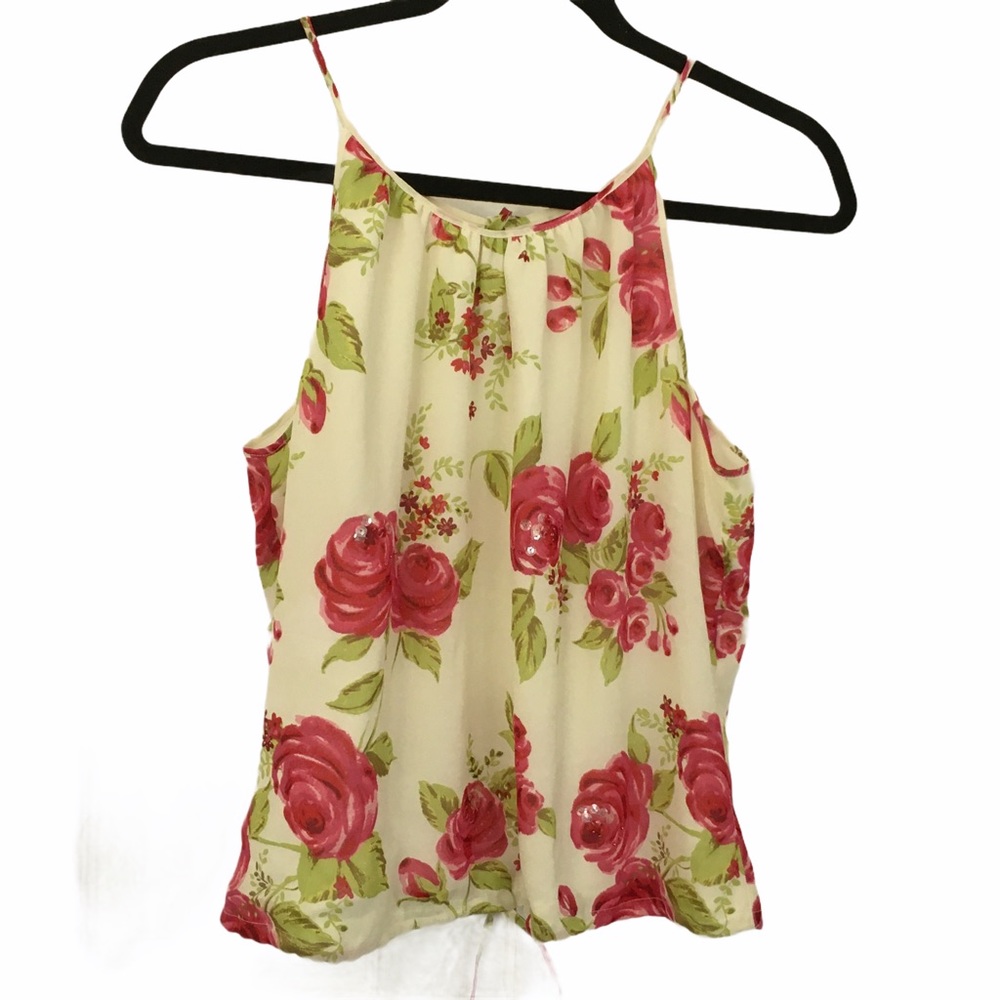 Marks & Spencer Tank Top Lined Floral Pink Green Embellished Sequins Size 10